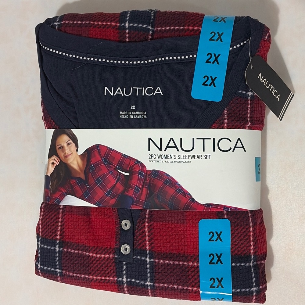Nautica Womens 2PC Pajama Set 2X Red Plaid Microfleece Sleepwear Henley